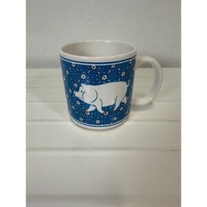 Vintage JSNY Pig Coffee Mug Blue Calico Floral Ceramic Farmhouse Tea Cup Taiwan